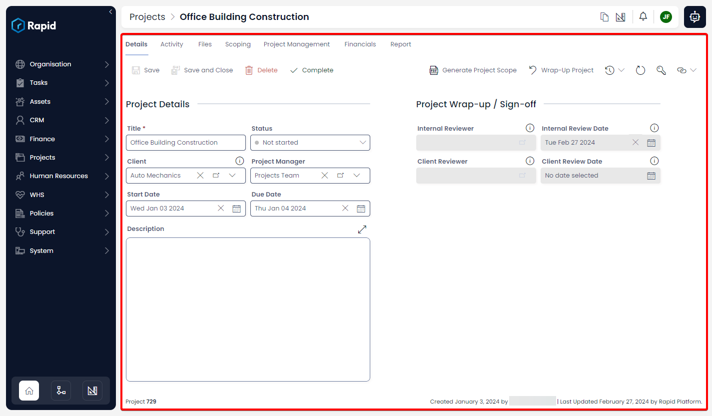 A screenshot demonstrating the location of a page. The page in this example is a projects page with a tab strip, and a projects form included. The screenshot is annotated with a red box that surrounds the page component.